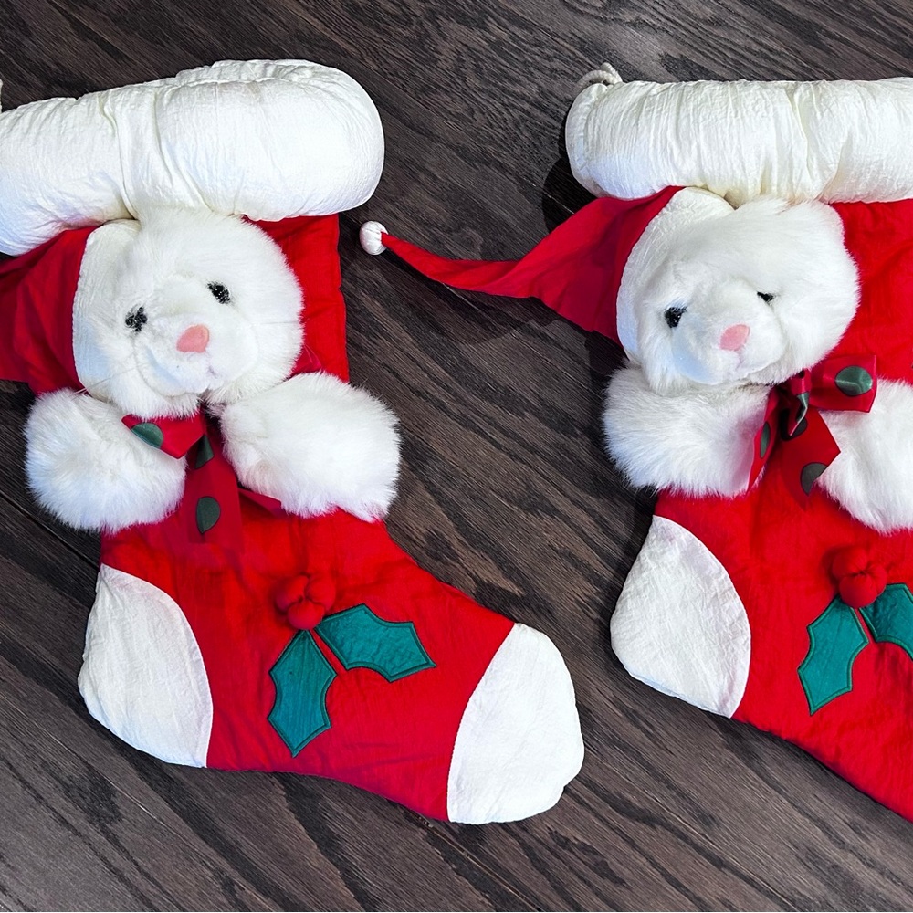 Vintage Festive Red and White Kitten Plush Christmas Stockings